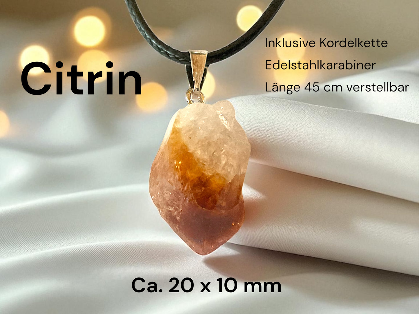 Edelstein Anhänger aus echtem Citrin mit 45 cm Kordelkette - Schutzstein für pure Lebensfreude - Brasilien