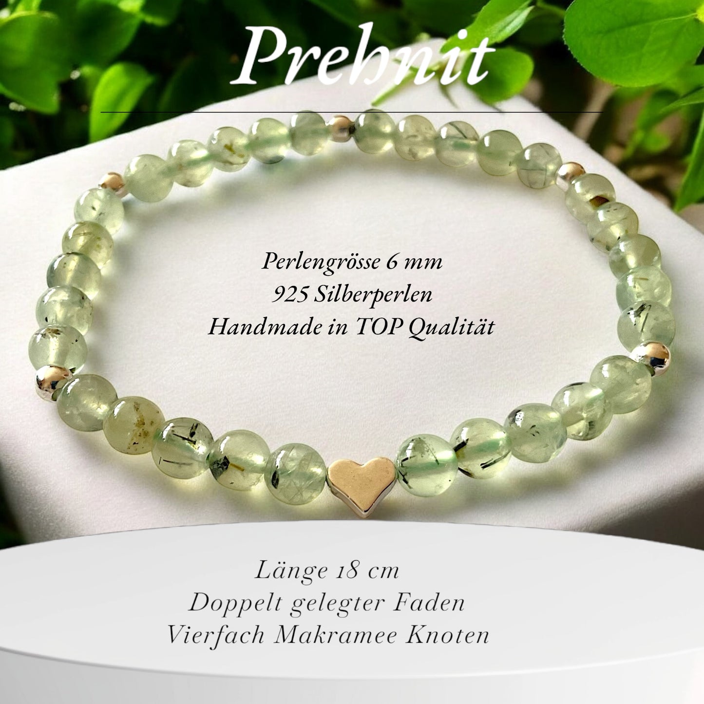 Prehnit Edelstein 6mm Perlenarmband  *Melanie* - mit Edelstahlherz und 925 Silberperlen in edler Steinfixx Geschenkbox - Handmade