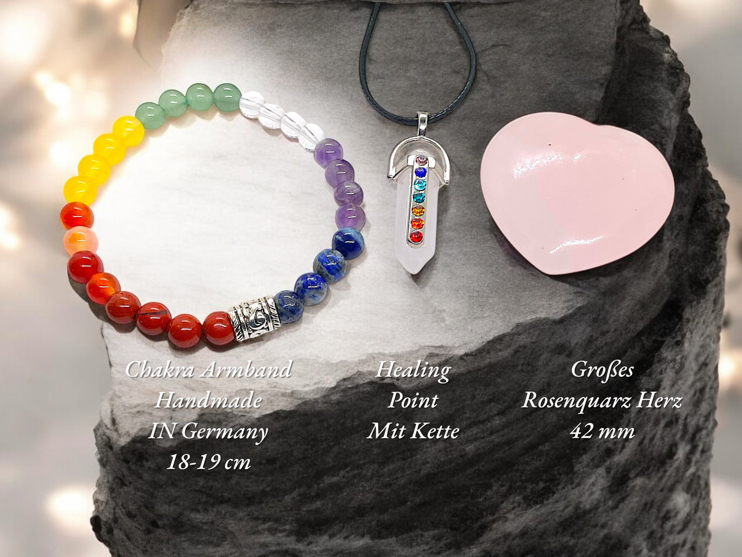 Chakra Edelstein Set Selbstheilung - 11 teilig mit Halskette, Handmade Perlen Armband und Herz in Geschenkbox - mit 14 seitigem liebevoll gestaltetem Ebook als Anleitung