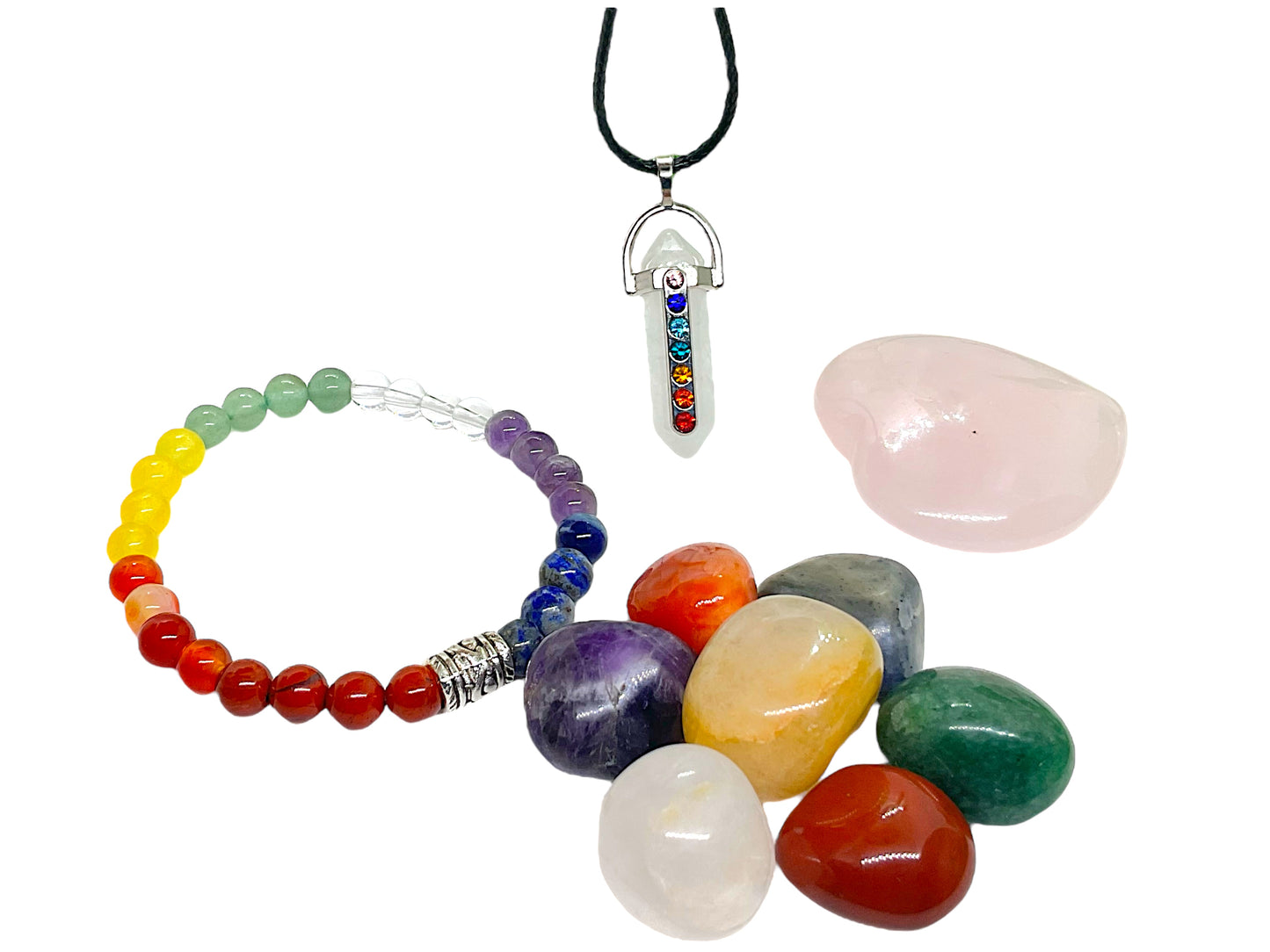 Chakra Edelstein Set Selbstheilung - 11 teilig mit Halskette, Handmade Perlen Armband und Herz in Geschenkbox - mit 14 seitigem liebevoll gestaltetem Ebook als Anleitung