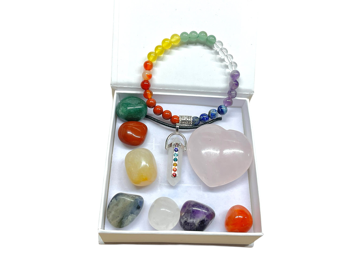 Chakra Edelstein Set Selbstheilung - 11 teilig mit Halskette, Handmade Perlen Armband und Herz in Geschenkbox - mit 14 seitigem liebevoll gestaltetem Ebook als Anleitung