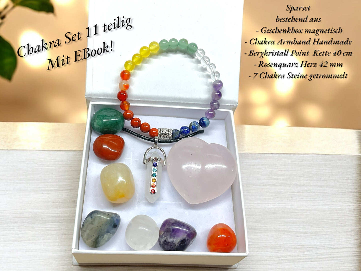 Chakra Edelstein Set Selbstheilung - 11 teilig mit Halskette, Handmade Perlen Armband und Herz in Geschenkbox - mit 14 seitigem liebevoll gestaltetem Ebook als Anleitung