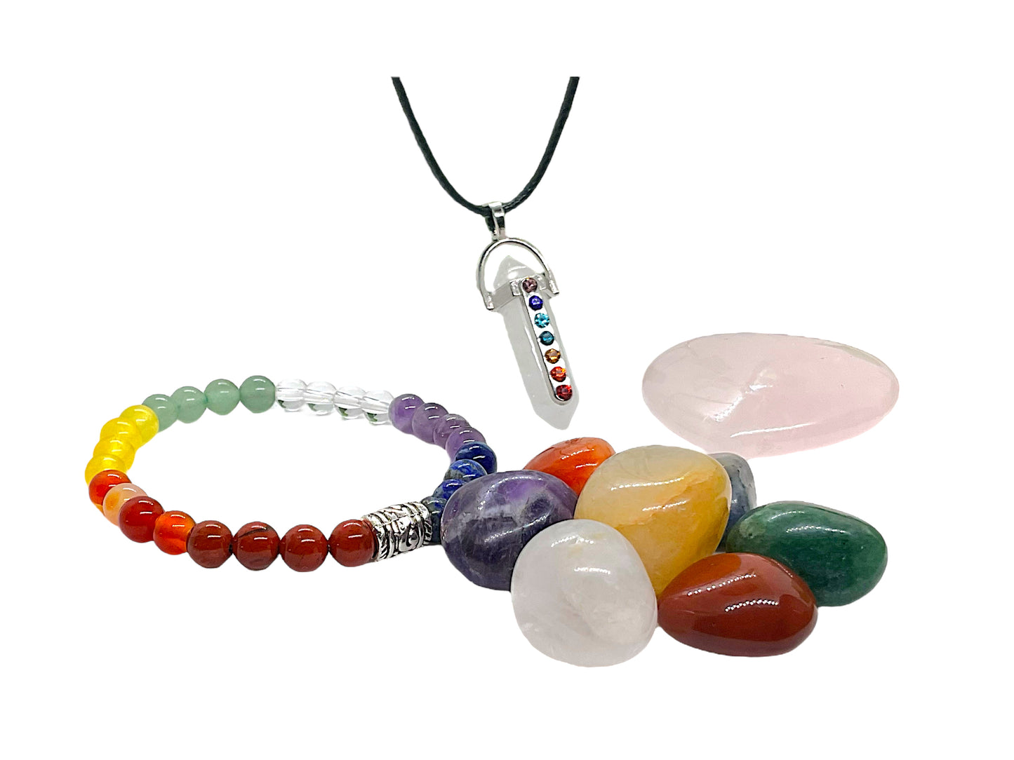 Chakra Edelstein Set Selbstheilung - 11 teilig mit Halskette, Handmade Perlen Armband und Herz in Geschenkbox - mit 14 seitigem liebevoll gestaltetem Ebook als Anleitung