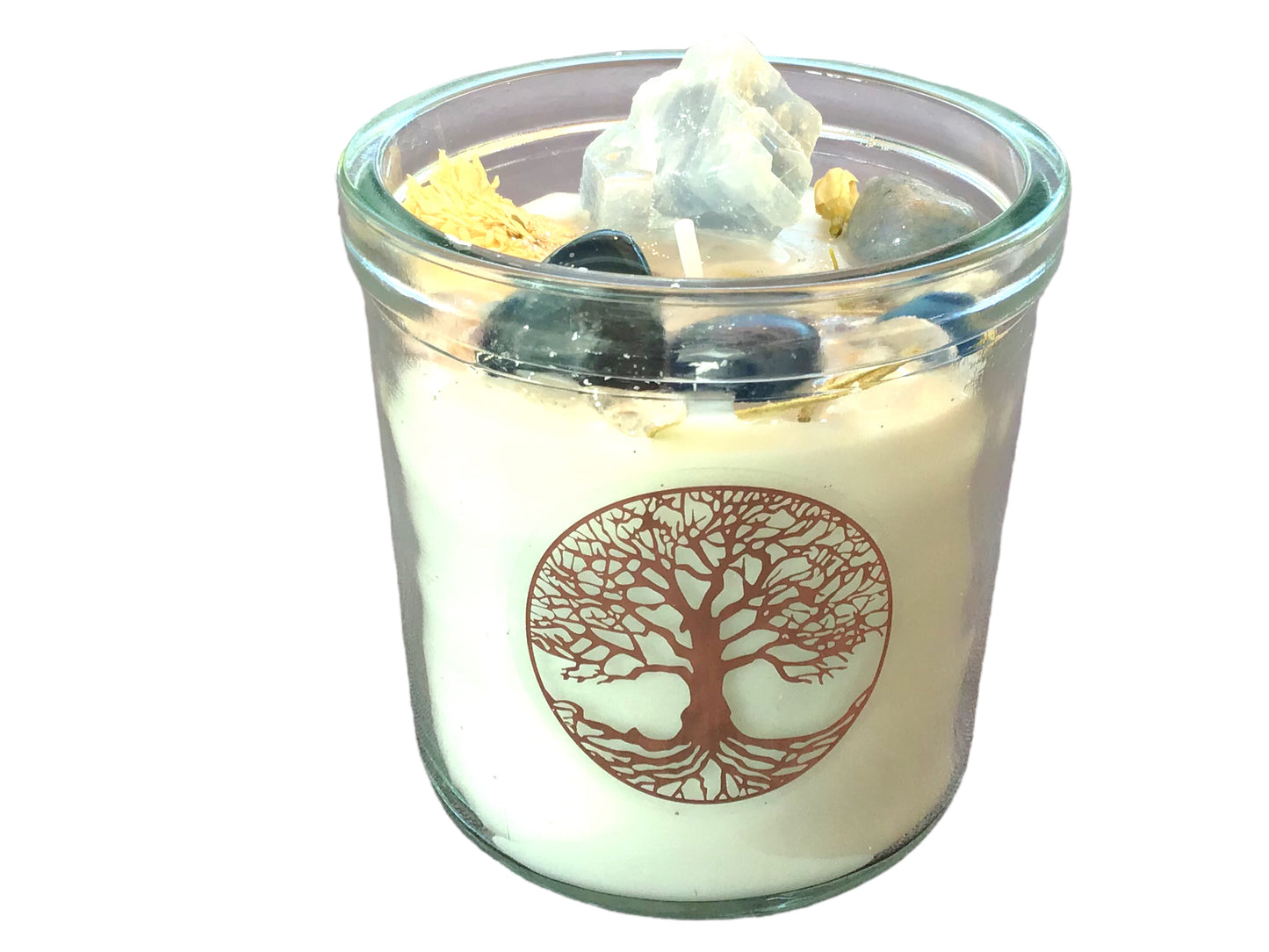 Große Edelsteinkerze "Erneuerung" im Glas mit Anleitung | Duftkerze | Ritualkerze | Kristallkerze mit Blüten | Calcit blau, Aventurin blau, Achat blau, Bergkristall | Waldduft