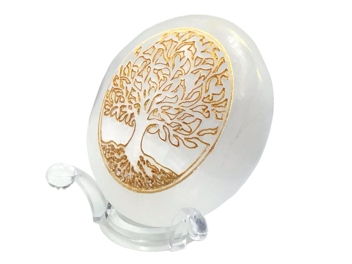 Steinfixx® Großer bauchiger Selenit Palmstein mit goldener Gravur Lebensbaum | 7x6x3 cm | 110 Gramm | Top Qualität | Ihren Lichtbringer immer dabei