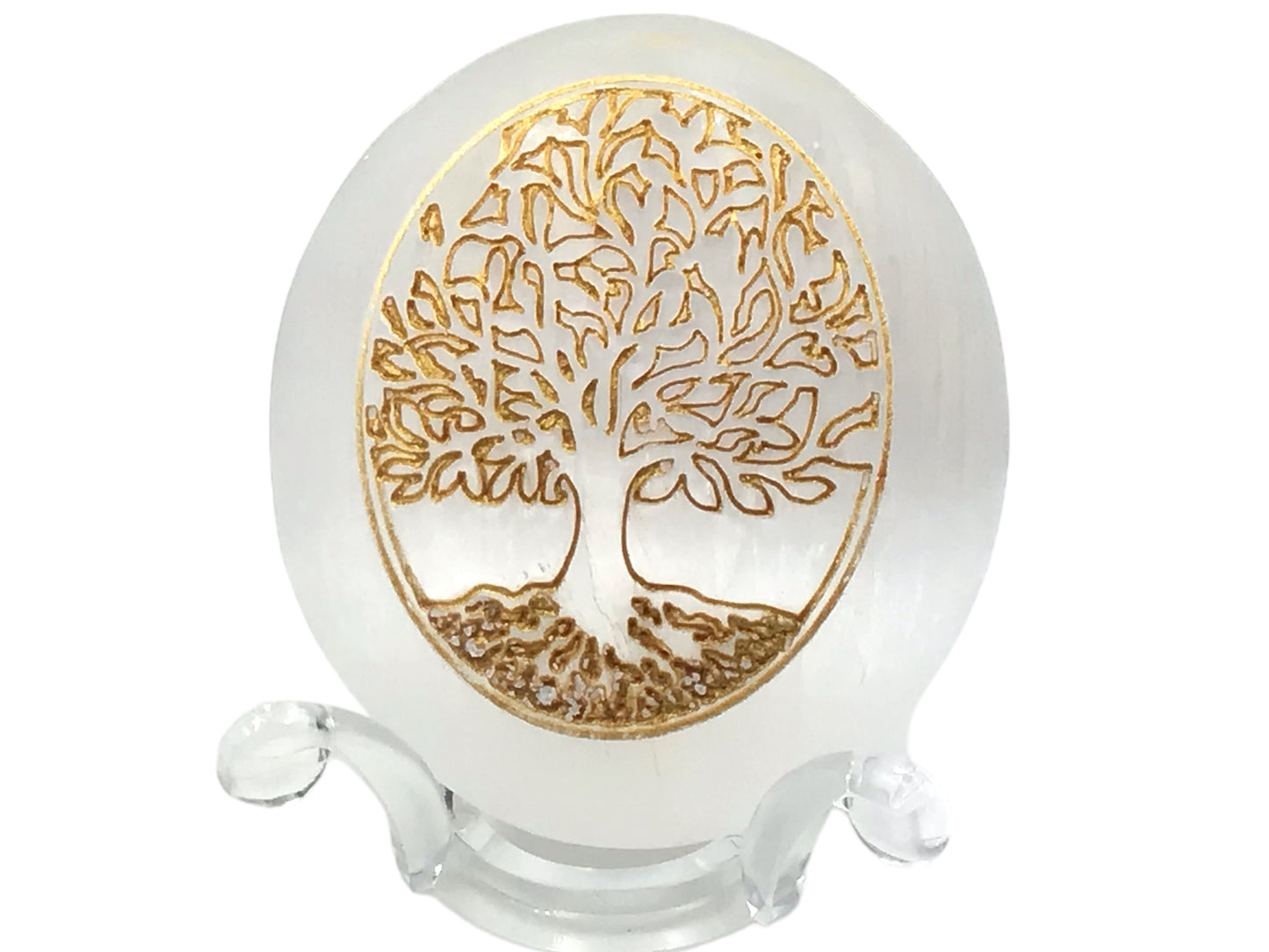 Steinfixx® Großer bauchiger Selenit Palmstein mit goldener Gravur Lebensbaum | 7x6x3 cm | 110 Gramm | Top Qualität | Ihren Lichtbringer immer dabei
