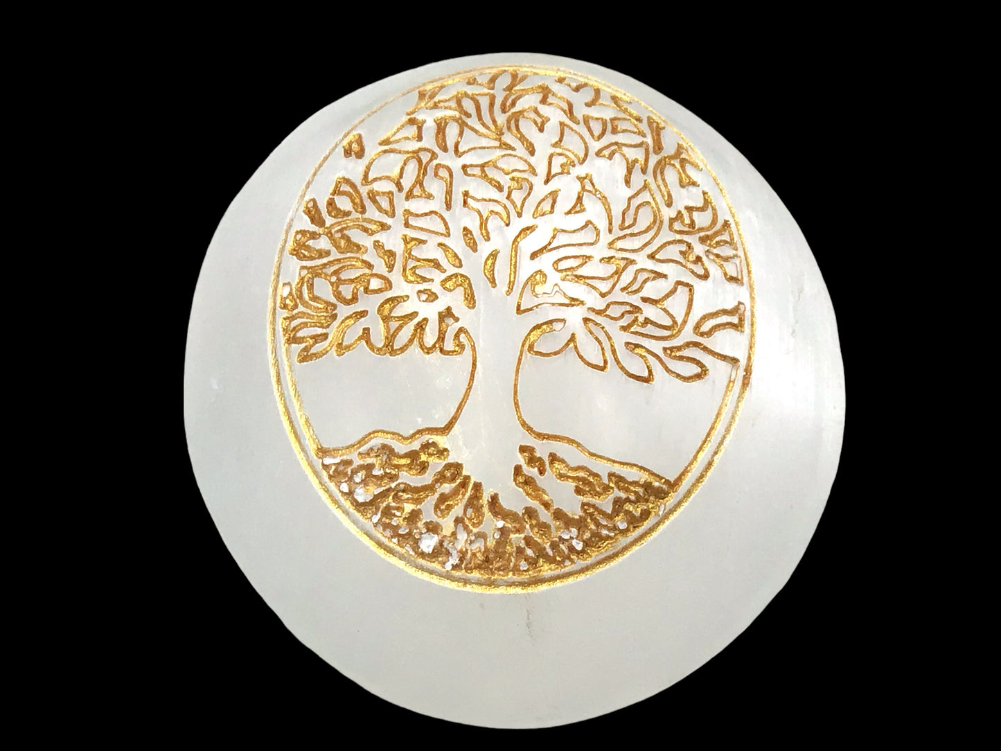 Steinfixx® Großer bauchiger Selenit Palmstein mit goldener Gravur Lebensbaum | 7x6x3 cm | 110 Gramm | Top Qualität | Ihren Lichtbringer immer dabei
