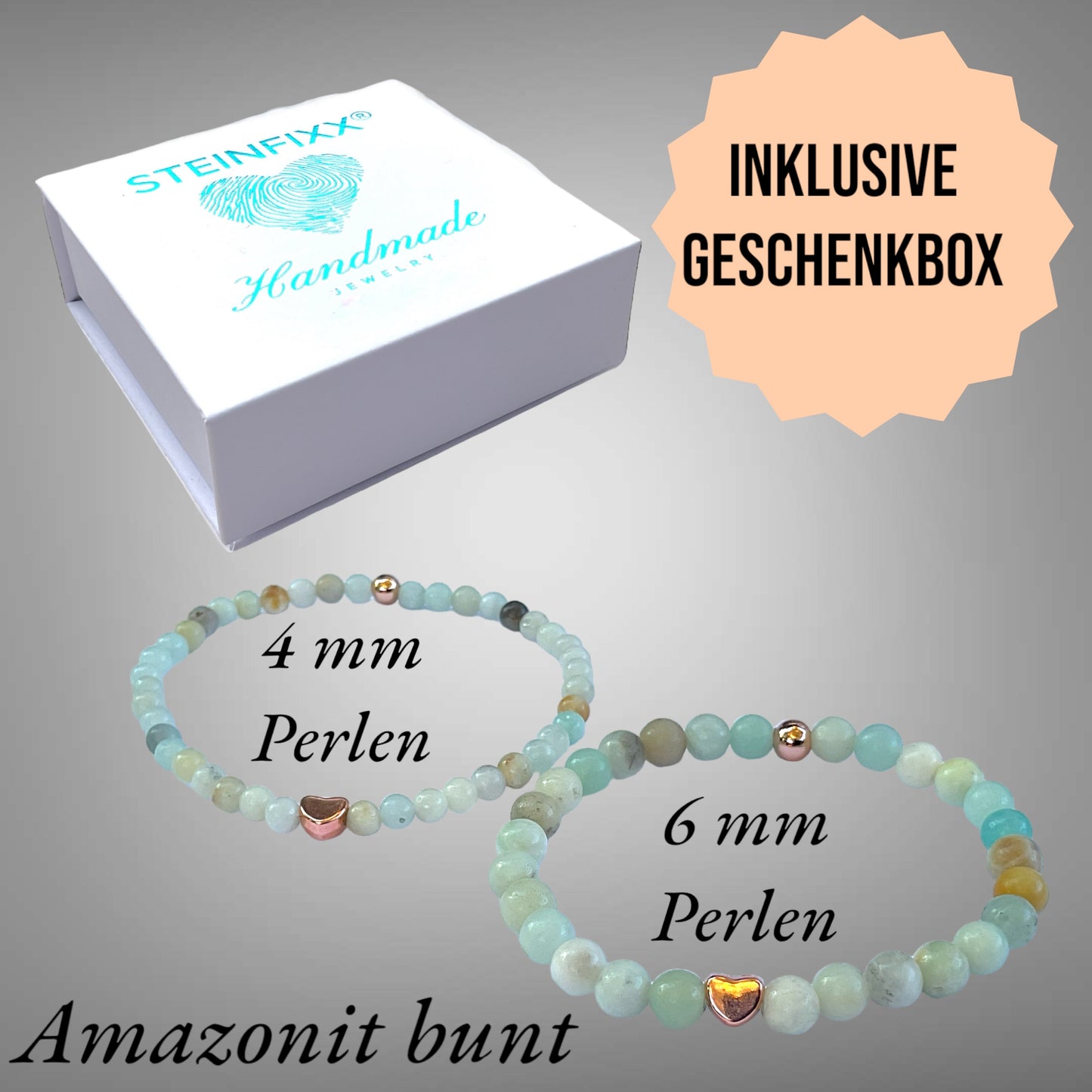 Perlenarmband Amazonit bunt mit 14 k rosèvergoldeten Elementen - Edelsteinarmband - Handmade - inclusive edler Geschenkbox