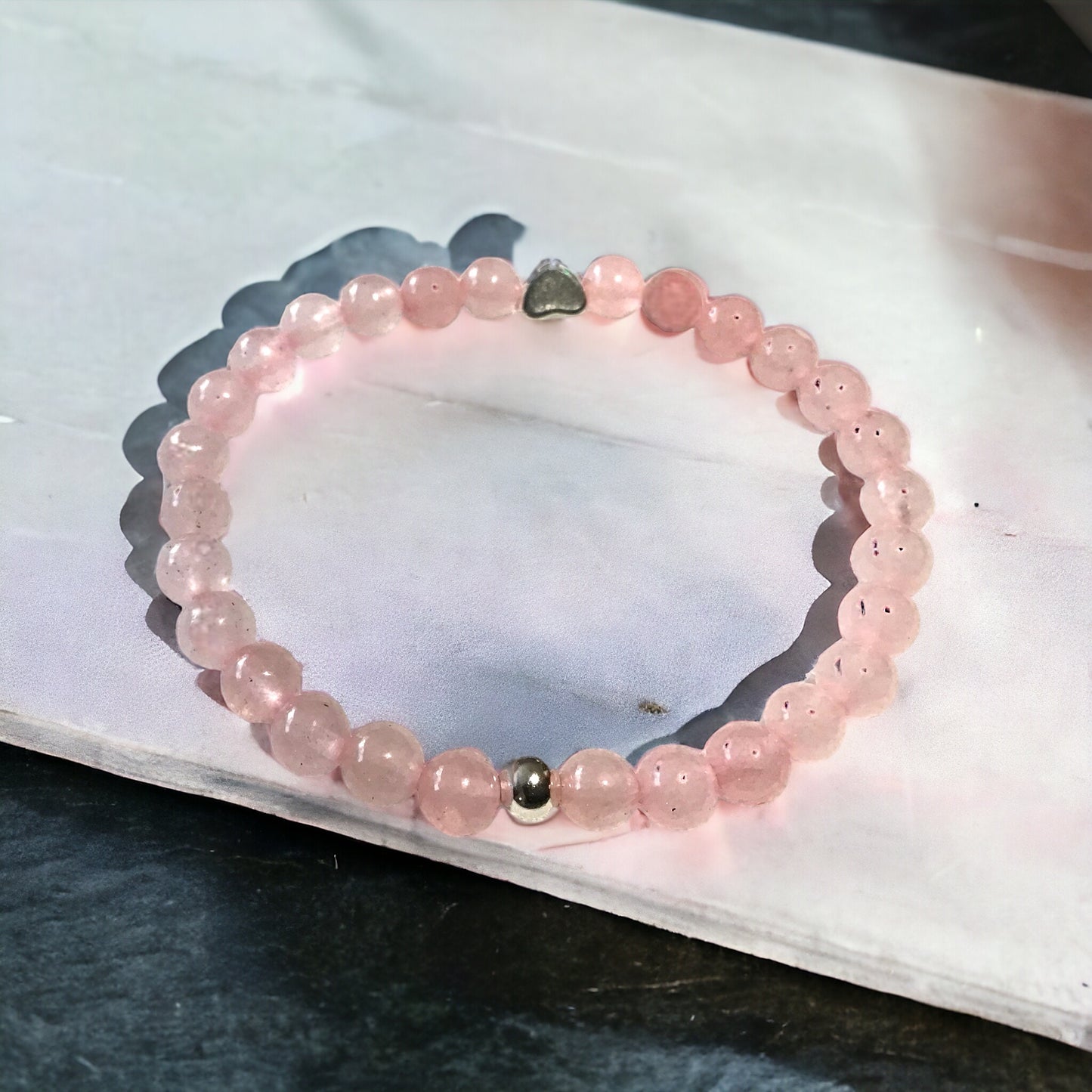Steinfixx® - Echtes Rosenquarz Perlenarmband mit 925 Silberperle und versilbertem Herz - Hochwertiges Edelsteinarmband handgefertigtChakra-Armband für Damen & Herren