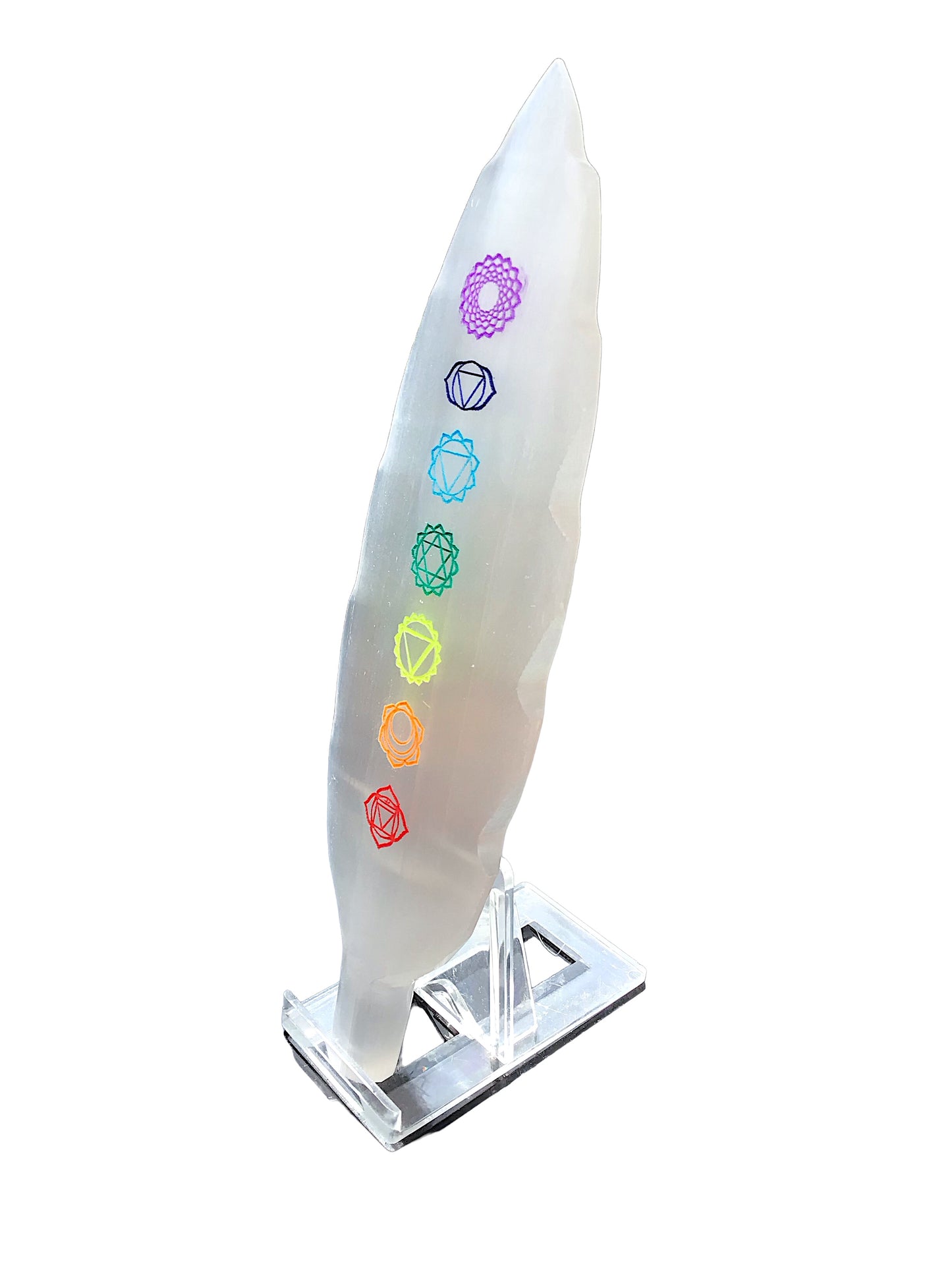 Steinfixx® Echte Selenit Ladeplatte | Feder mit schönen gravierten bunten Chakra Symbolen | 19 cm | Ideal zum Aufladen Ihrer Edelsteine | Dekoration | incl. Acrylständer