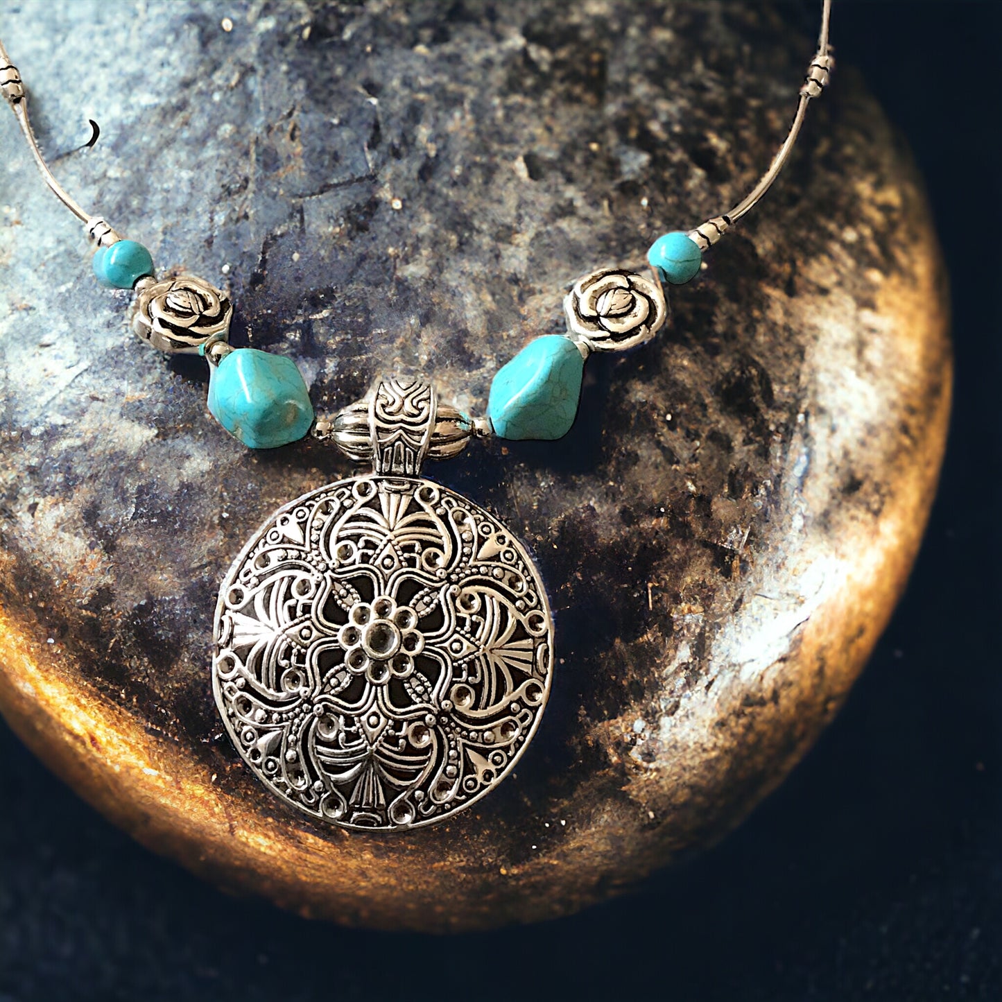 Mächtige Kette Vintage mit Türkenit | Trachtenschmuck | Edelstahl versilbert | Ihre Energie immer dabei