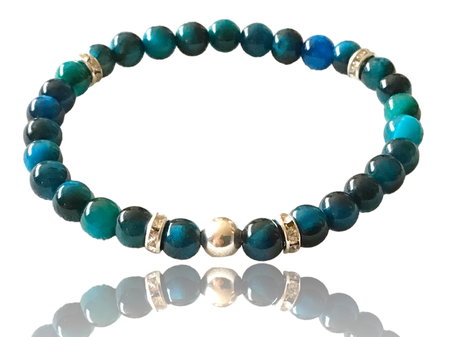 Steinfixx® - Blaues Tigerauge Perlenarmband handgemacht mit 925 Perle und versilberten Zirkoniatrennern - STARKER SCHUTZSTEIN - Hochwertiges Edelsteinarmband Handmade
