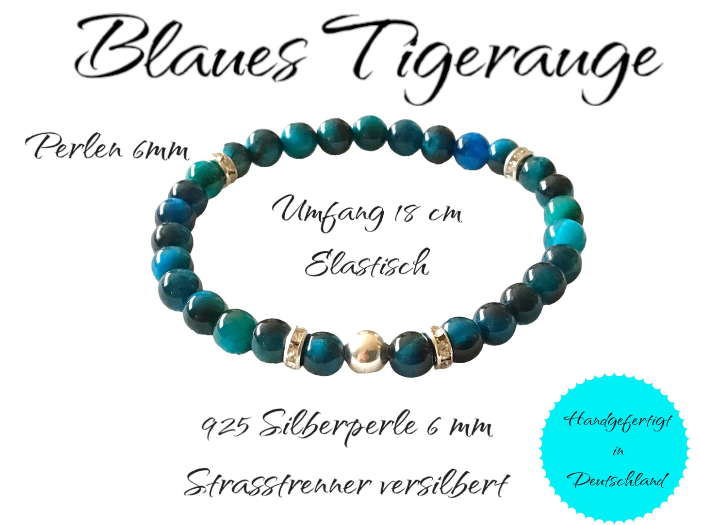 Steinfixx® - Blaues Tigerauge Perlenarmband handgemacht mit 925 Perle und versilberten Zirkoniatrennern - STARKER SCHUTZSTEIN - Hochwertiges Edelsteinarmband Handmade