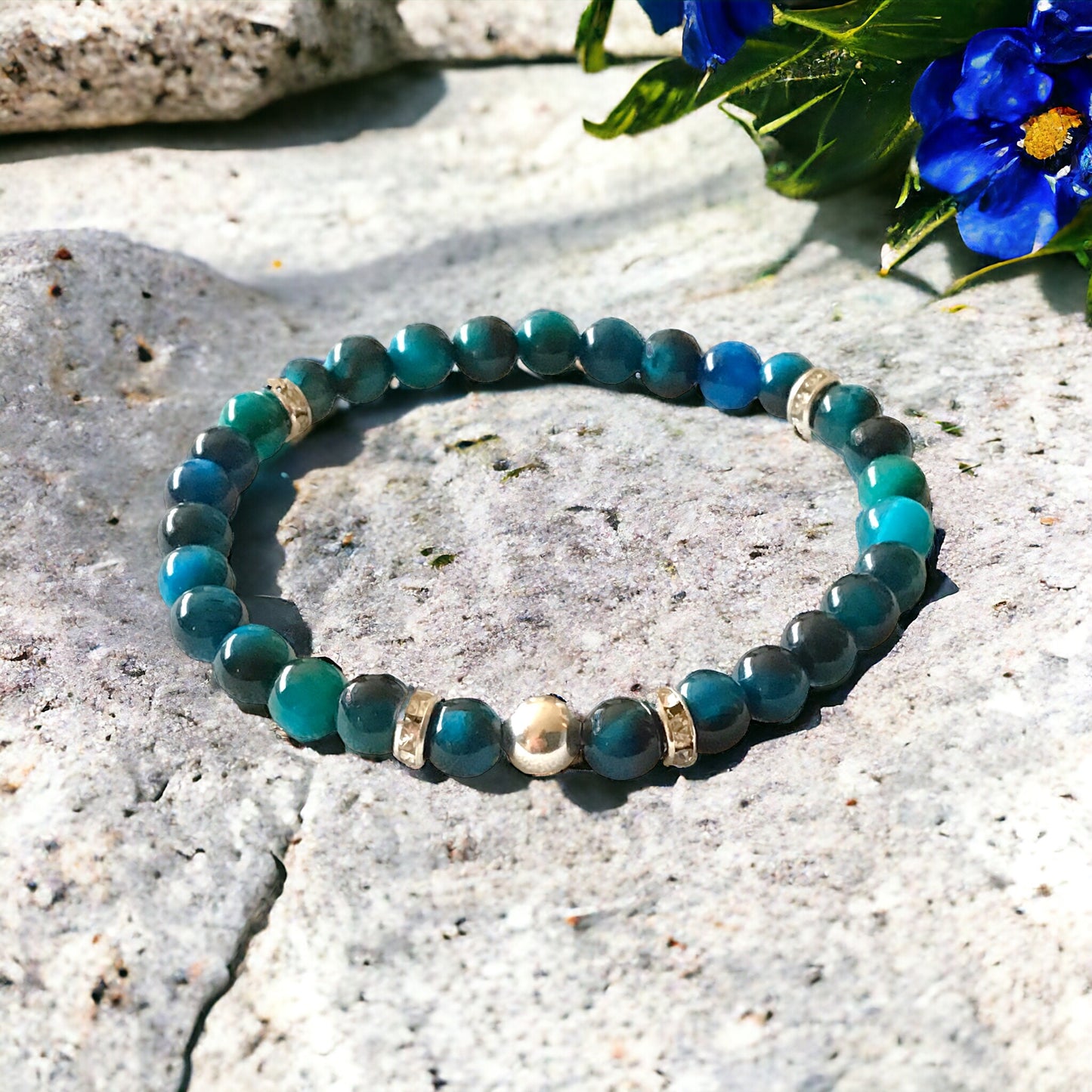 Steinfixx® - Blaues Tigerauge Perlenarmband handgemacht mit 925 Perle und versilberten Zirkoniatrennern - STARKER SCHUTZSTEIN - Hochwertiges Edelsteinarmband Handmade