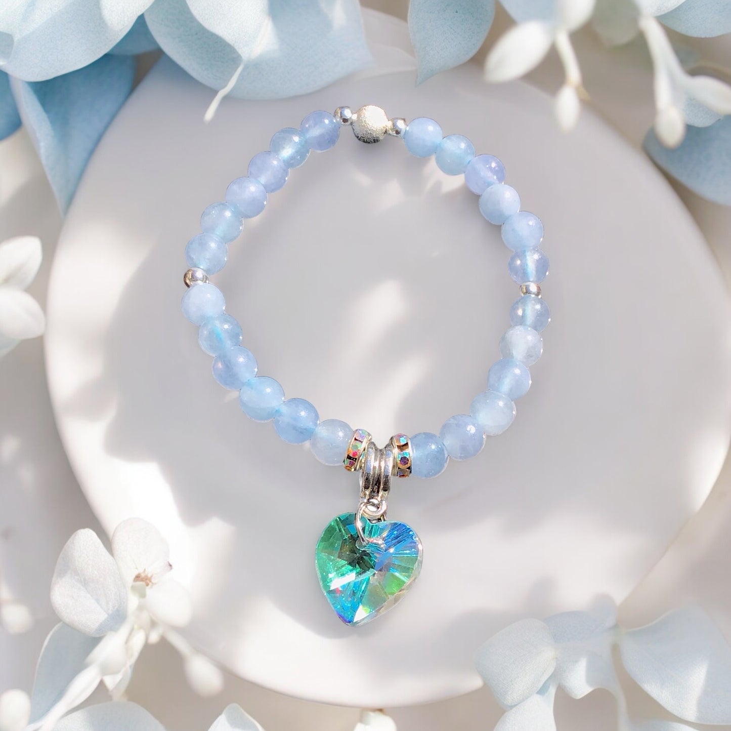 Steinfixx® - Bezauberndes Aquamarin Perlen Armband mit Angel Aura Herz, Sternstaub- und Silberperlen - inclusive edler Geschenkbox - Handmade