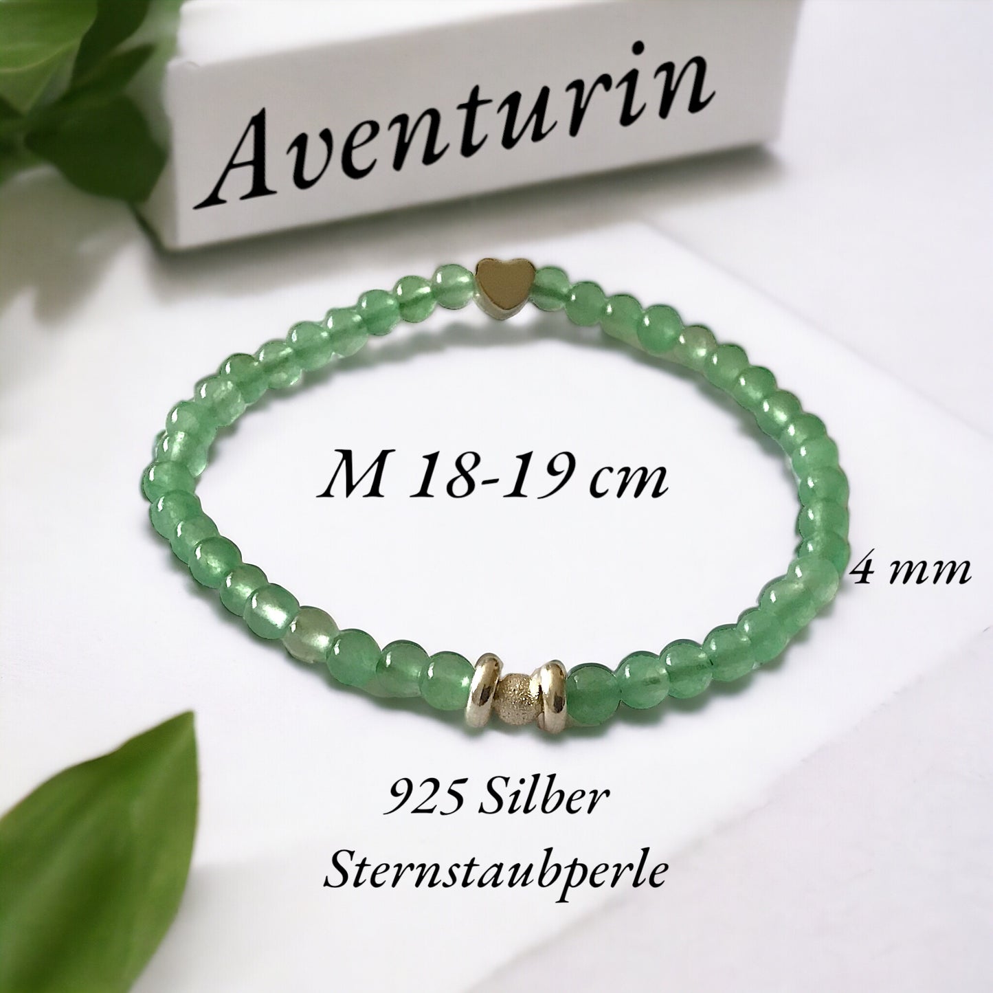 Steinfixx® - Aventurin Perlenarmband mit 925 Sternstaub-Silberperle und silbernem Herz - Mutmacher Hochwertiges Edelsteinarmband für Damen & Herren | Handgemachter Energieschmuck