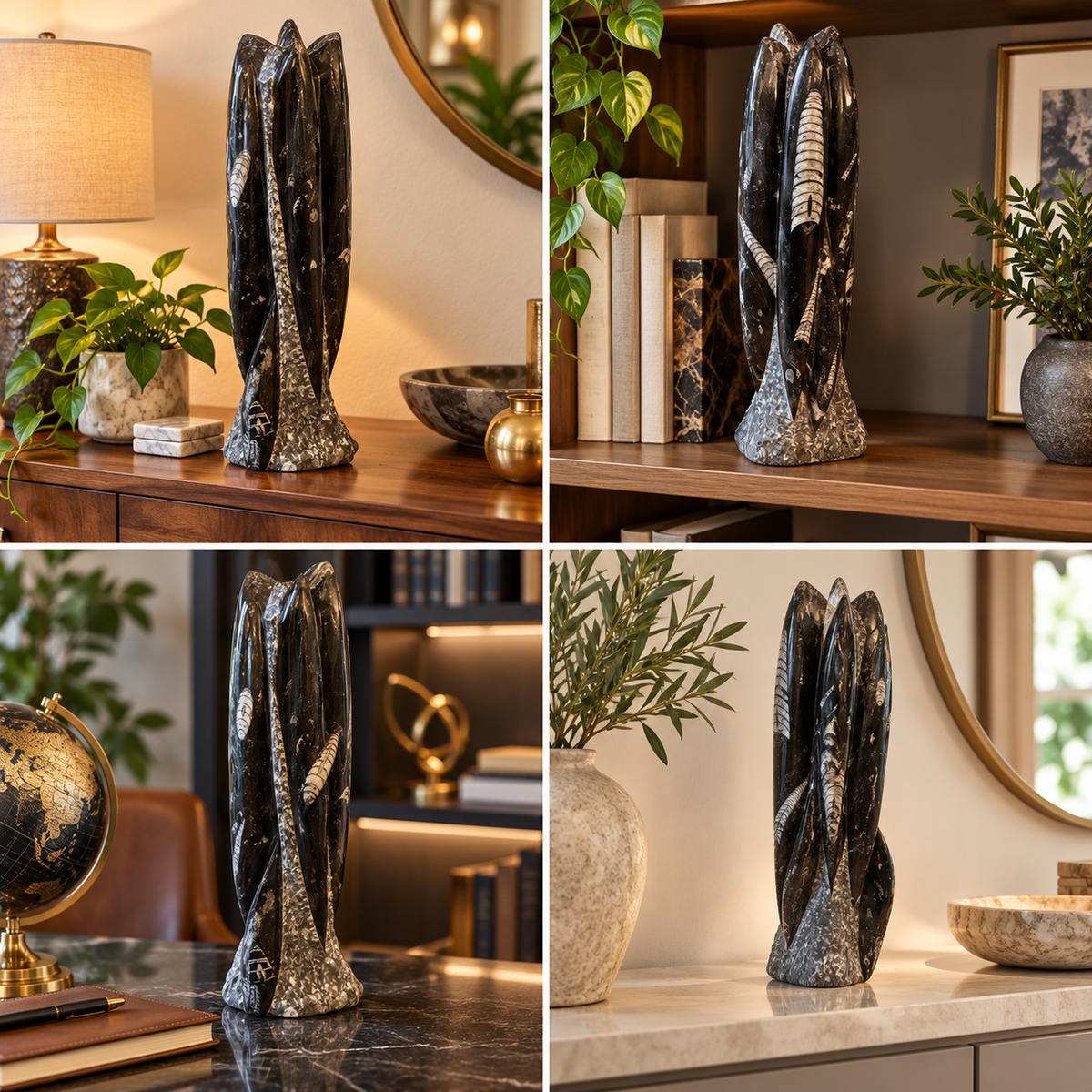 Orthoceras XXL Fossilien Skulptur aus Marokko – 30 cm – ca. 3 kg – AAA-Qualität – Polierter Fossilienmarmor mit Urzeit-Fossilien – Imposanter Naturstein Deko-Turm & Blickfang