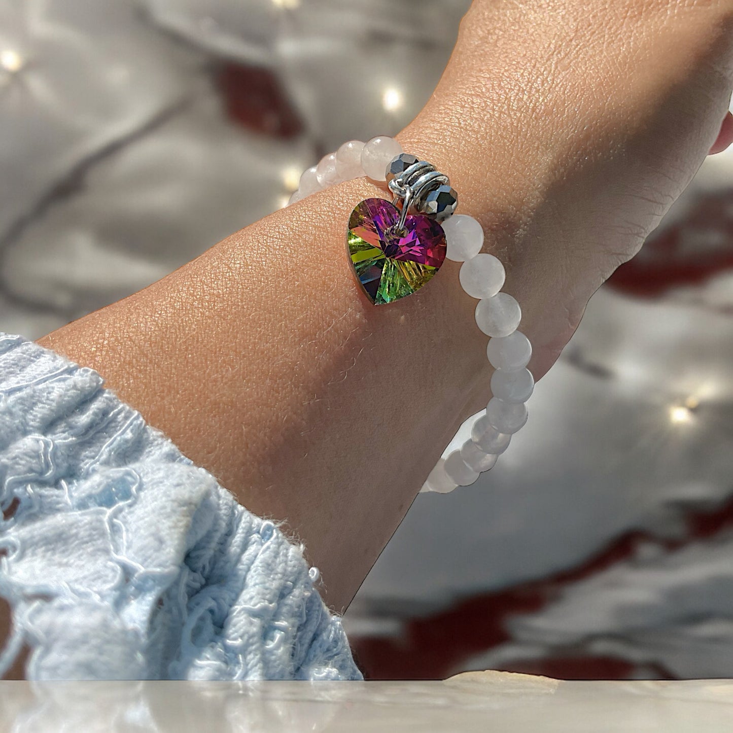 Steinfixx® - Bezauberndes weiße Jade Perlen Armband mit Angel Aura Herz, Edelsteinarmband - inclusive edler Geschenkbox - Handmade
