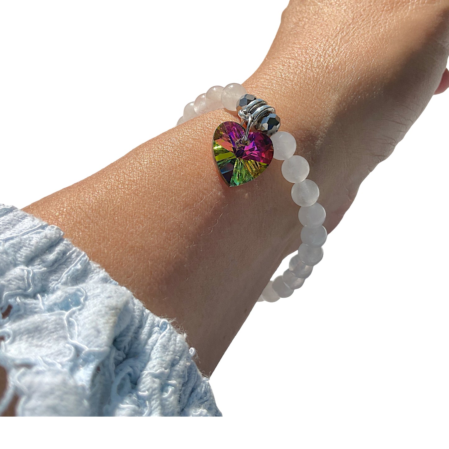 Steinfixx® - Bezauberndes weiße Jade Perlen Armband mit Angel Aura Herz, Edelsteinarmband - inclusive edler Geschenkbox - Handmade