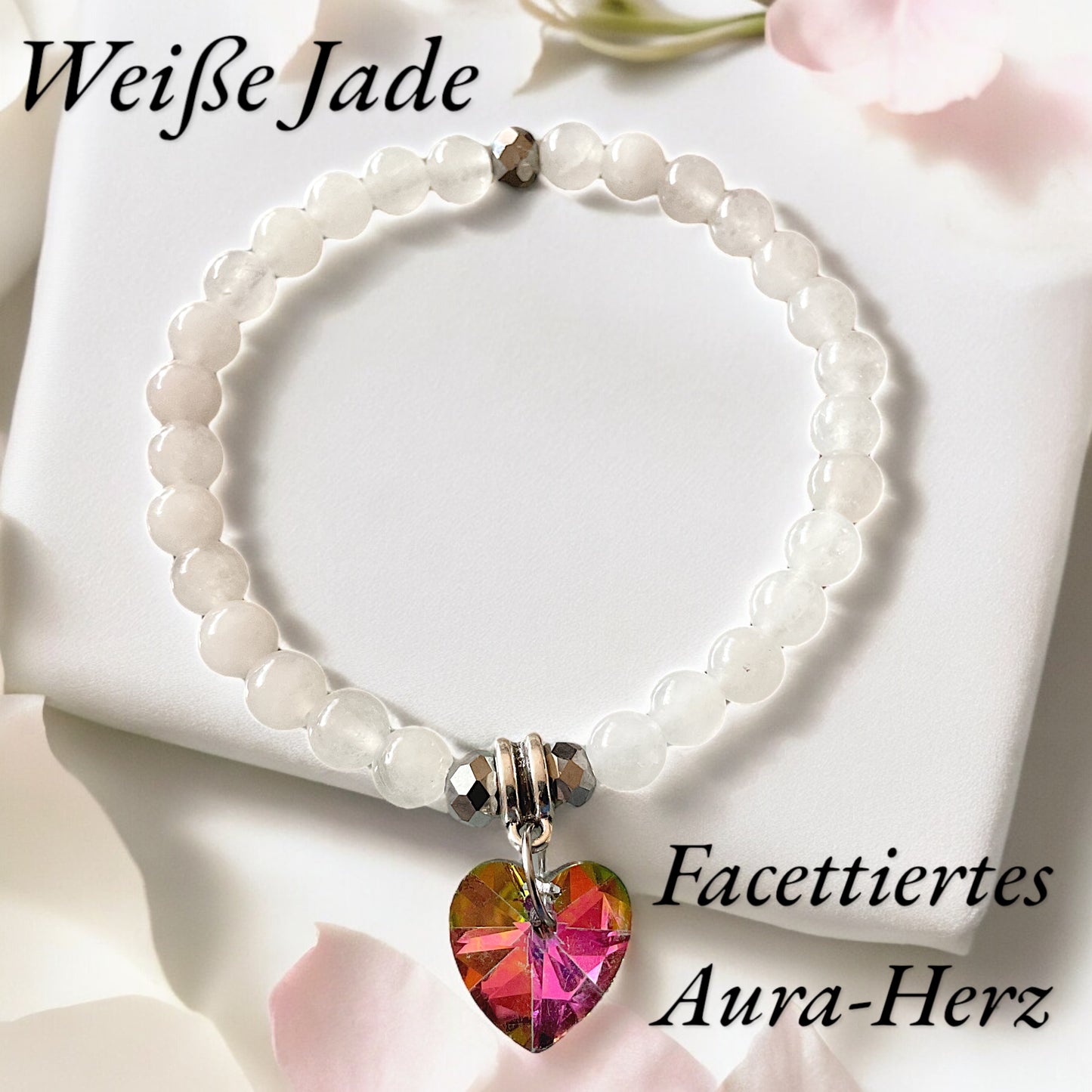 Steinfixx® - Bezauberndes weiße Jade Perlen Armband mit Angel Aura Herz, Edelsteinarmband - inclusive edler Geschenkbox - Handmade