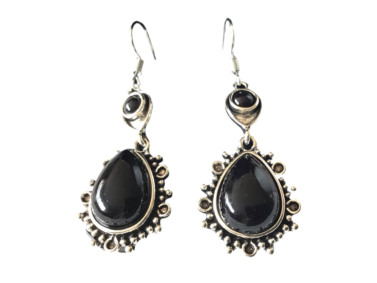 Obsidian Ohrring mit Tropfen | Edelstahl versilbert | Vintage | in Samtsäckchen | Trachtenschmuck