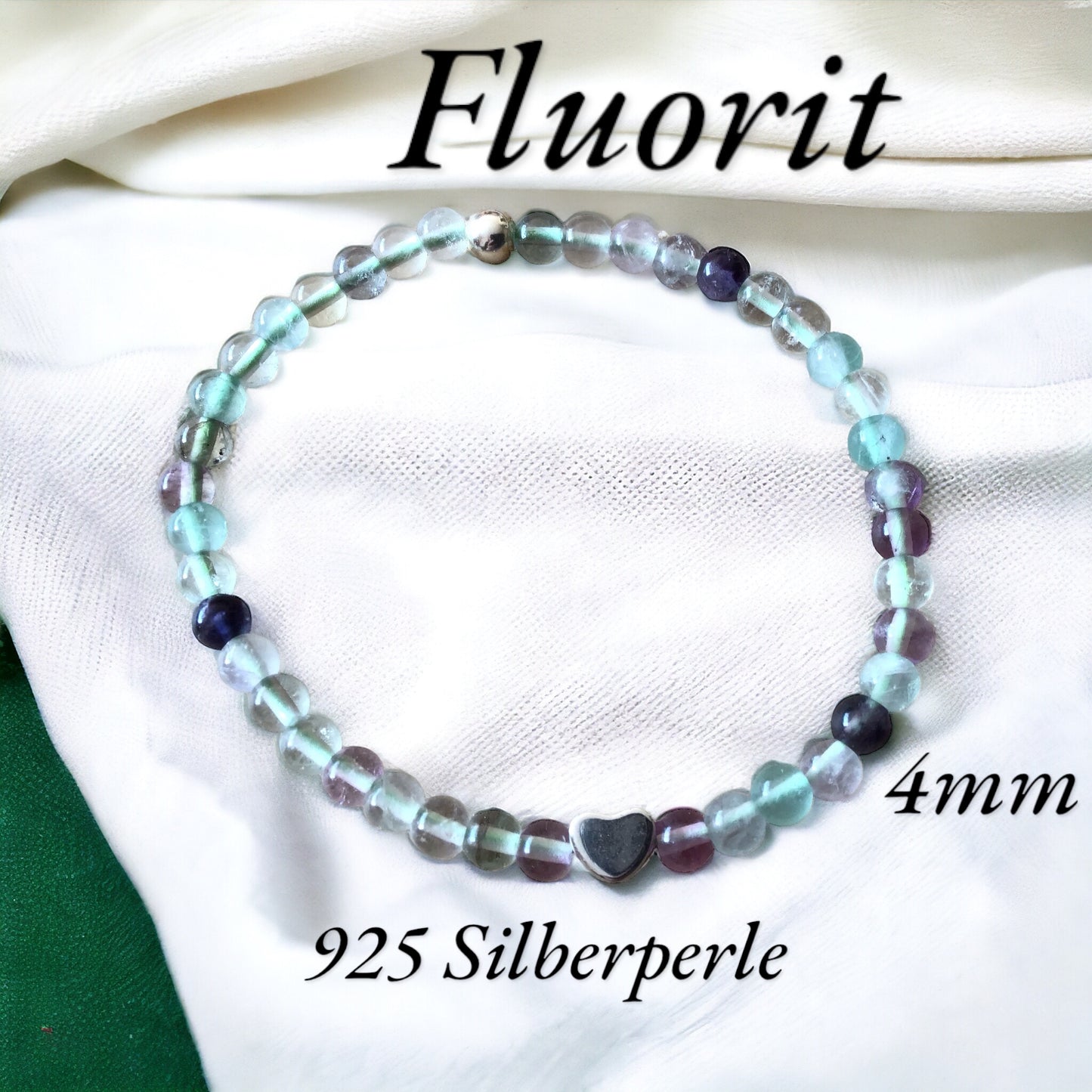 Elegantes Perlenarmband aus Fluorit - Hochwertiges Edelsteinarmband mit 925 Silberperle und entzückendem Herzchen - Handmade - in Geschenkbox - Stoffwechsel