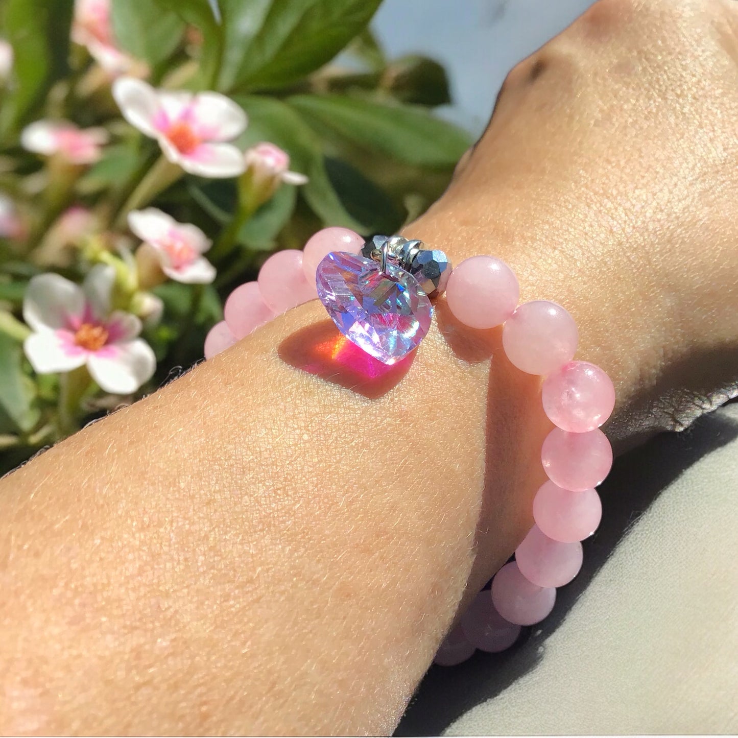 Steinfixx® - Bezauberndes Rosenquarz Perlen Armband mit Angel Aura Herz und facettierten Perlen - inclusive edler Geschenkbox - Handmade