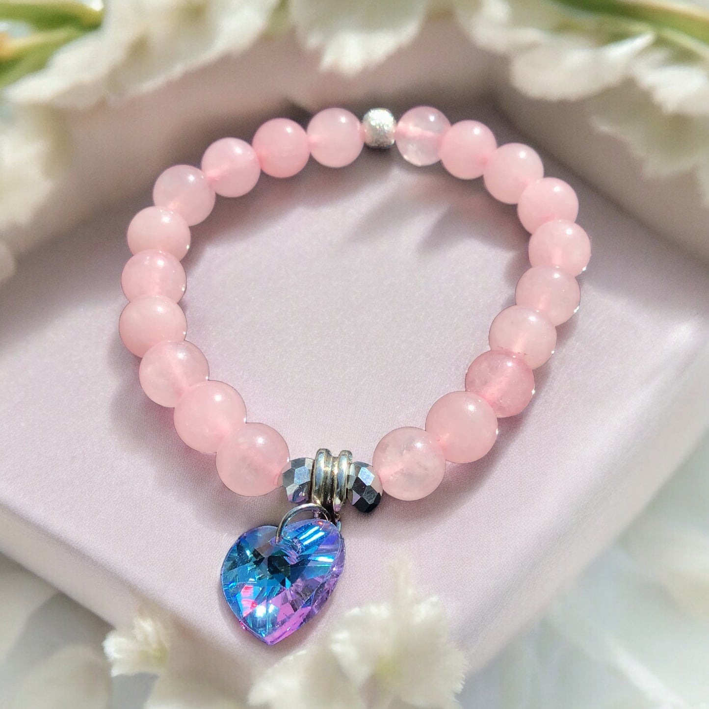 Steinfixx® - Bezauberndes Rosenquarz Perlen Armband mit Angel Aura Herz und facettierten Perlen - inclusive edler Geschenkbox - Handmade
