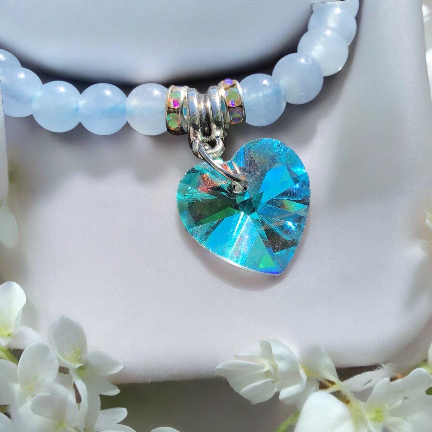 Steinfixx® - Bezauberndes Aquamarin Perlen Armband mit Angel Aura Herz, Sternstaub- und Silberperlen - inclusive edler Geschenkbox - Handmade