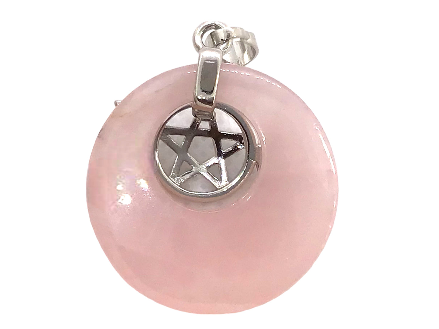 Steinfixx® - Rosenquarz Donut mit machtvoller Verzierung - dreifacher Mond und Pentagramm | Wicca | Urkraft | Licht | starkes Schutzsymbol