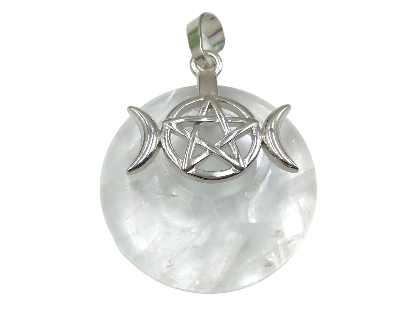 Steinfixx® - Bergkristall Donut mit machtvoller Verzierung - dreifacher Mond und Pentagramm | Wicca | Urkraft | Licht | starkes Schutzsymbol