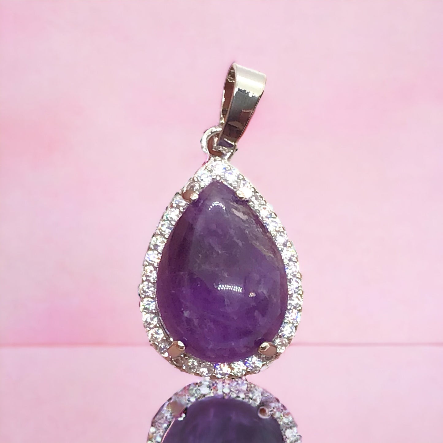 Steinfixx® - Royale Edelstein Anhänger in Tropfenform, umrahmt von Zirkonia, Edelstahl versilbert