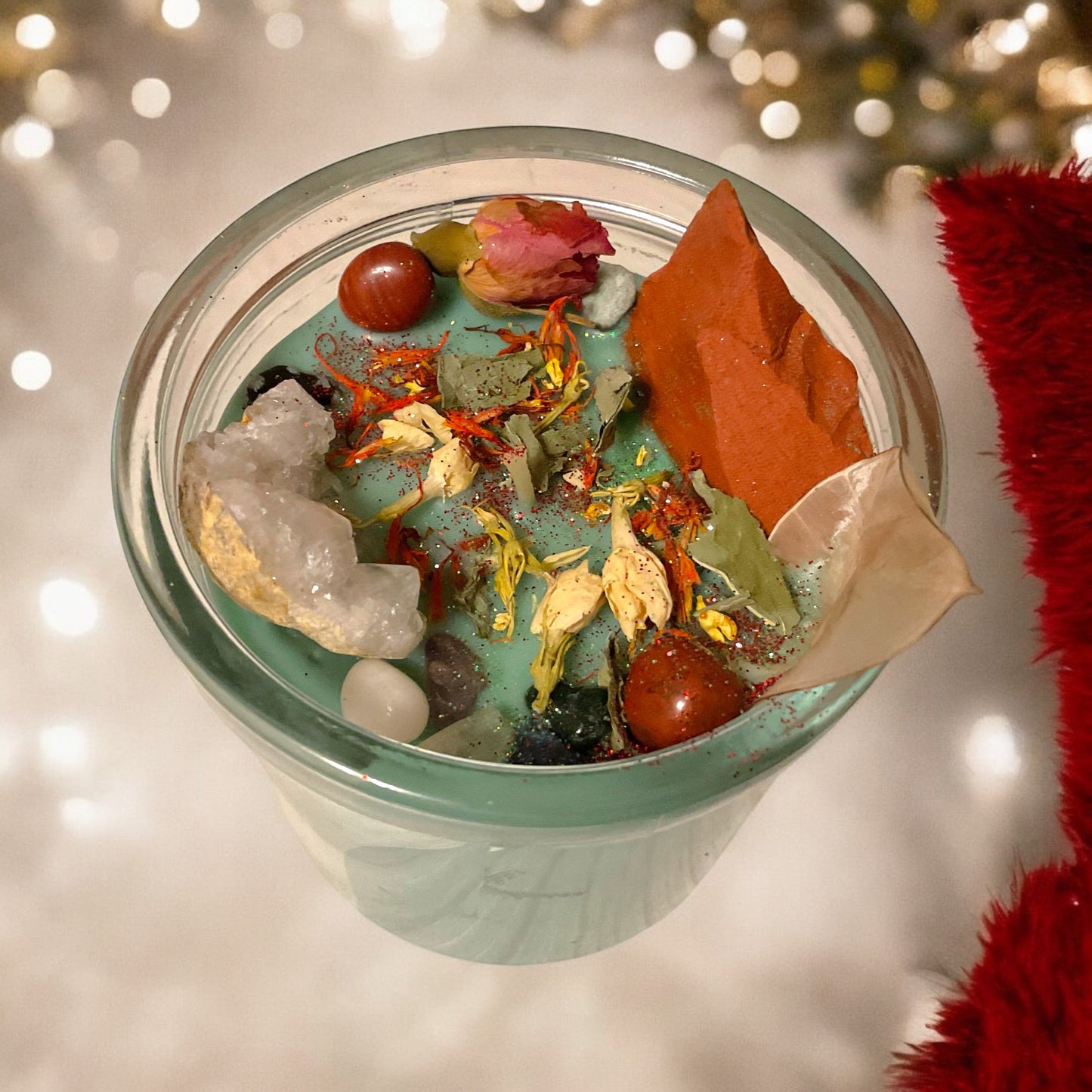 Große Edelsteinkerze "Weihnachten" Überraschungskerze im Glas mit Anleitung | Duftkerze | Ritualkerze | Kristallkerze mit Blüten und Edelsteinen |rot, grün oder grau| Sonder Weihnachts Sale