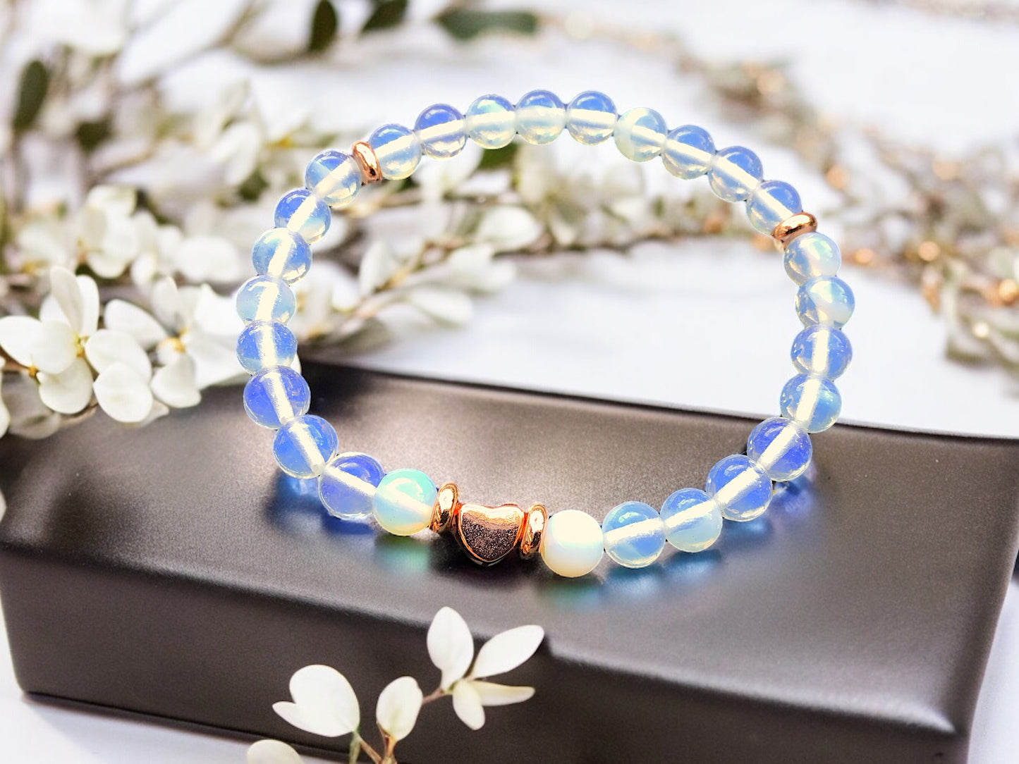 Perlenarmband Opalith mit 14 k vergoldeten Elementen in rose - Edelsteinarmband - Handmade - inclusive edler Geschenkbox