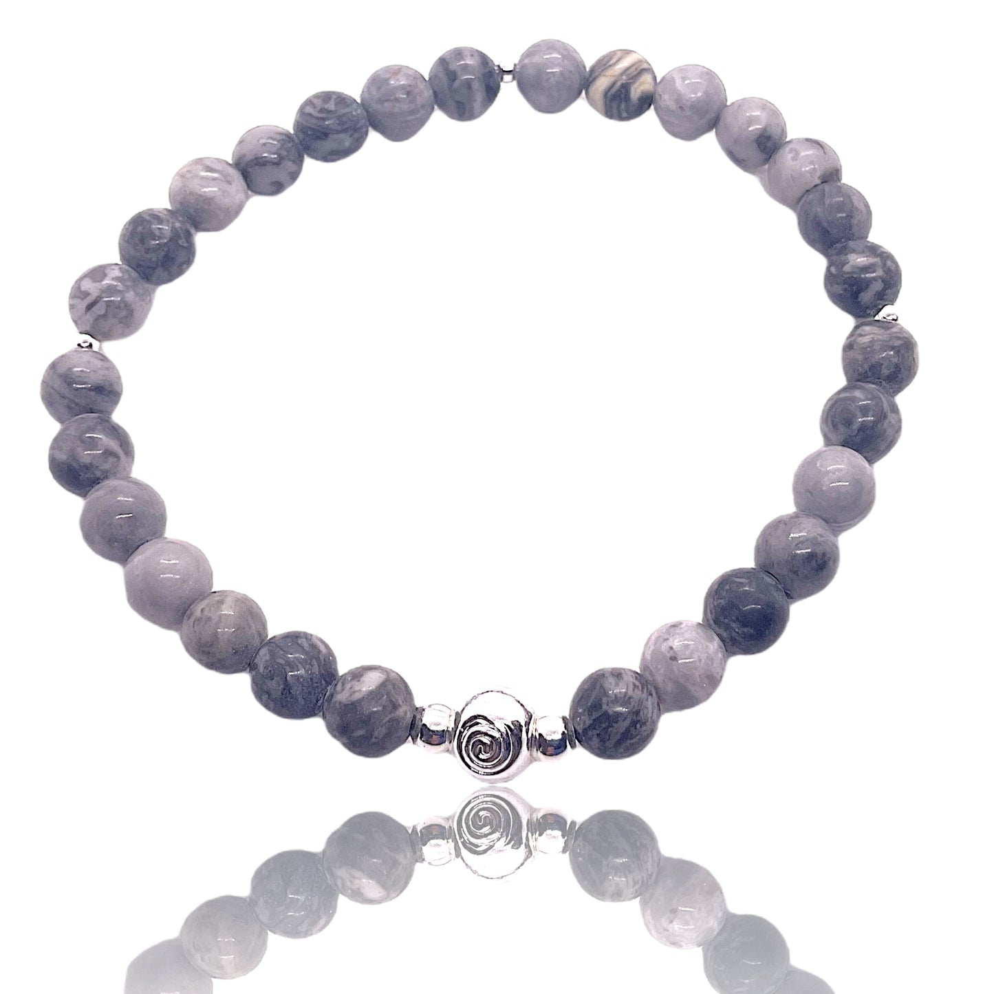Edelstein Perlenarmband aus grauem Picasso Jaspis - Hochwertige Heilsteine mit 925 Silberperlen oder Herzchen - handgefertigt - in Geschenkbox - Kreativität und Entschlossenheit