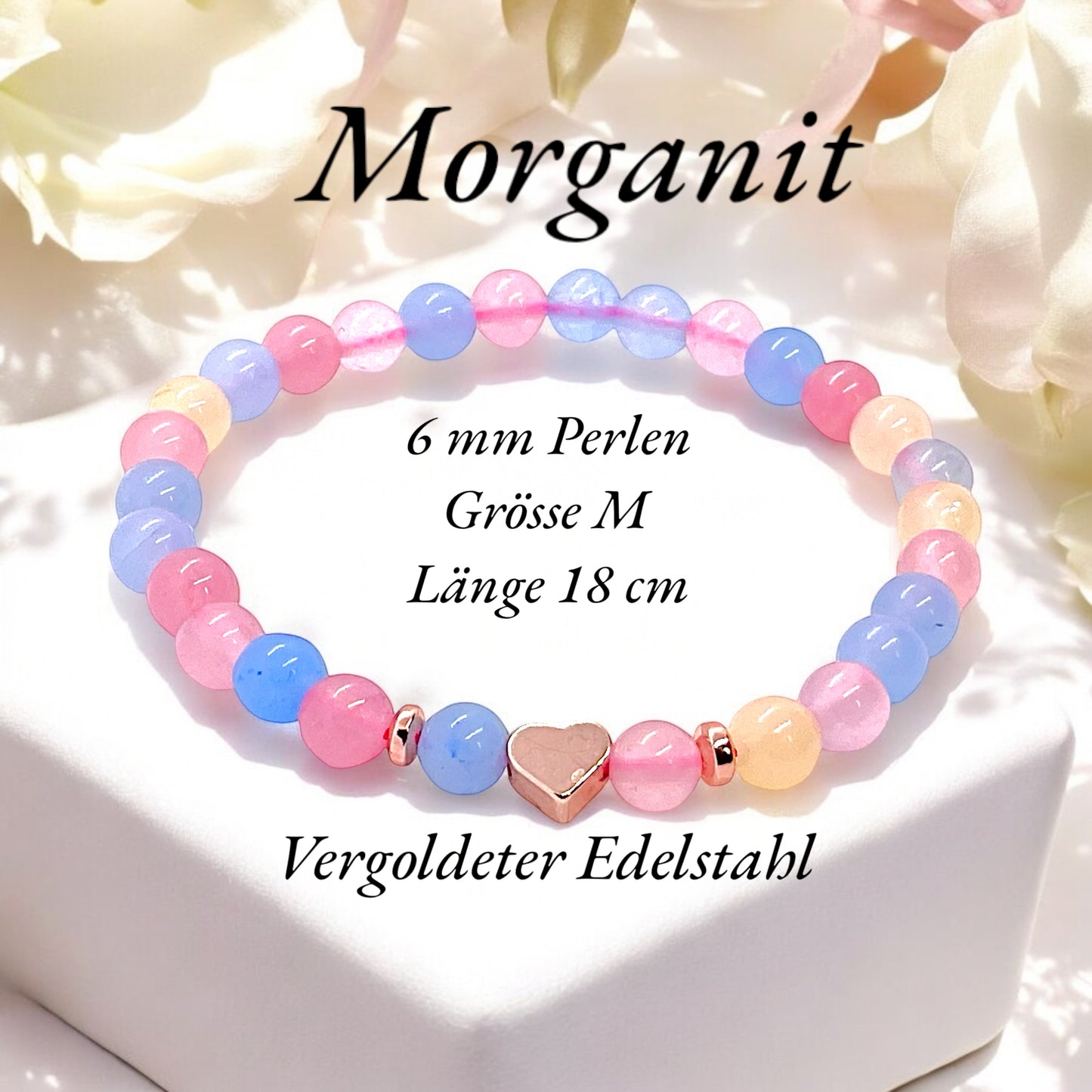 Perlenarmband Morganit mit 14 k rosèvergoldeten Elementen - Edelsteinarmband - Handmade - inclusive edler Geschenkbox - Engelsstein