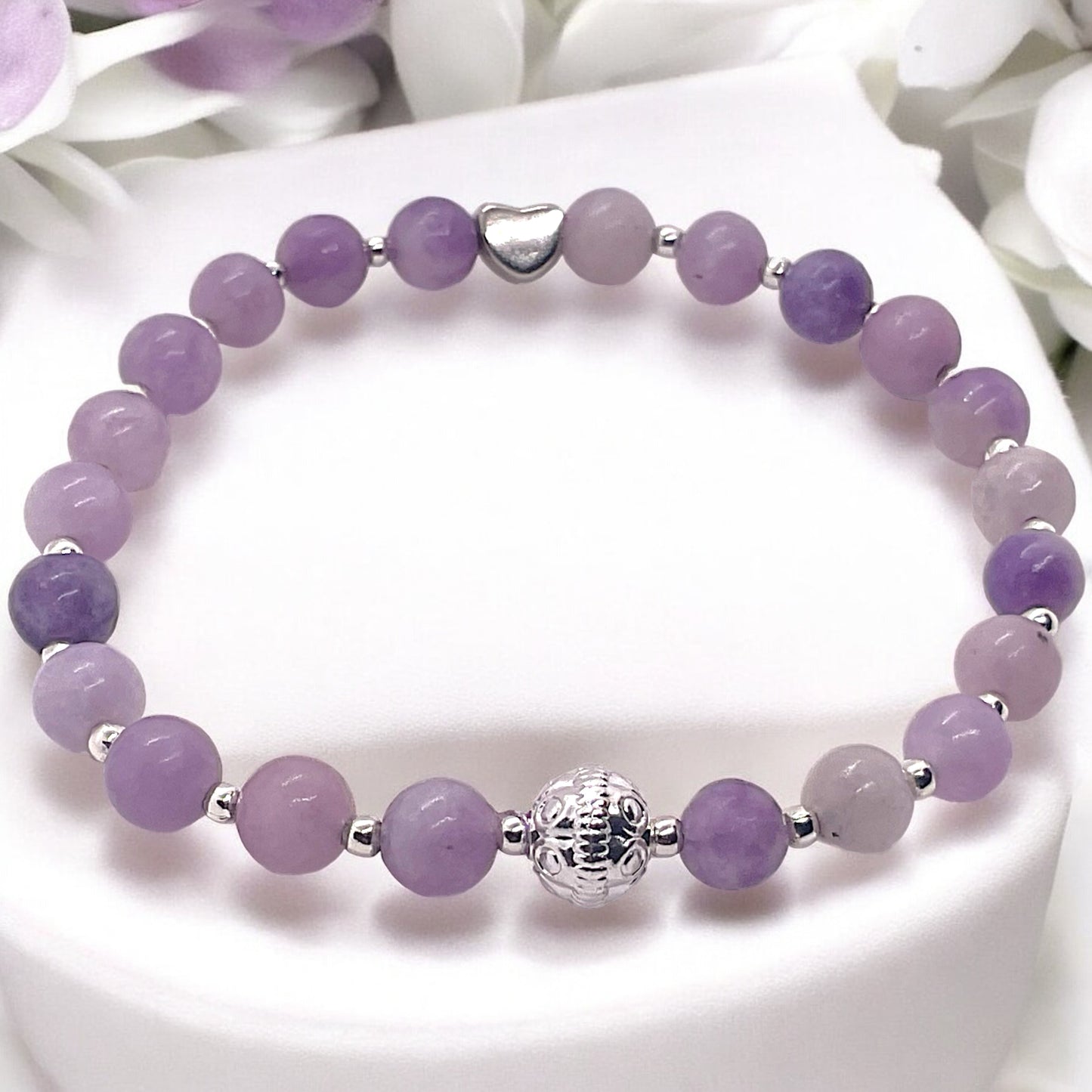 Steinfixx® Lepidolith Edelstein Perlen Armband - mit 925 versilberten Perlen und versilbertem Herzchen in Steinfixx Geschenkbox - Handmade