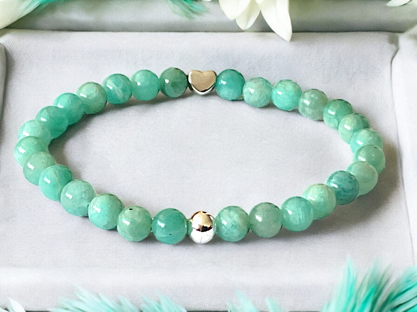 Steinfixx® Edelstein Perlenarmband Amazonit Ice mit 925 Silberperle und Herz oder Stern| Energieschmuck | in edler Geschenkbox | Handmade