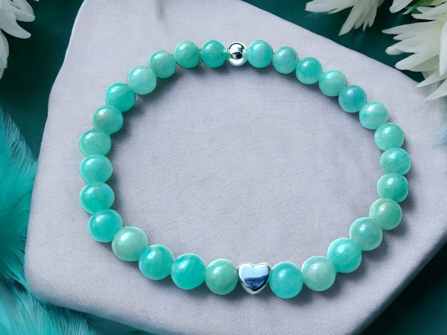 Steinfixx® Edelstein Perlenarmband Amazonit Ice mit 925 Silberperle und Herz oder Stern| Energieschmuck | in edler Geschenkbox | Handmade