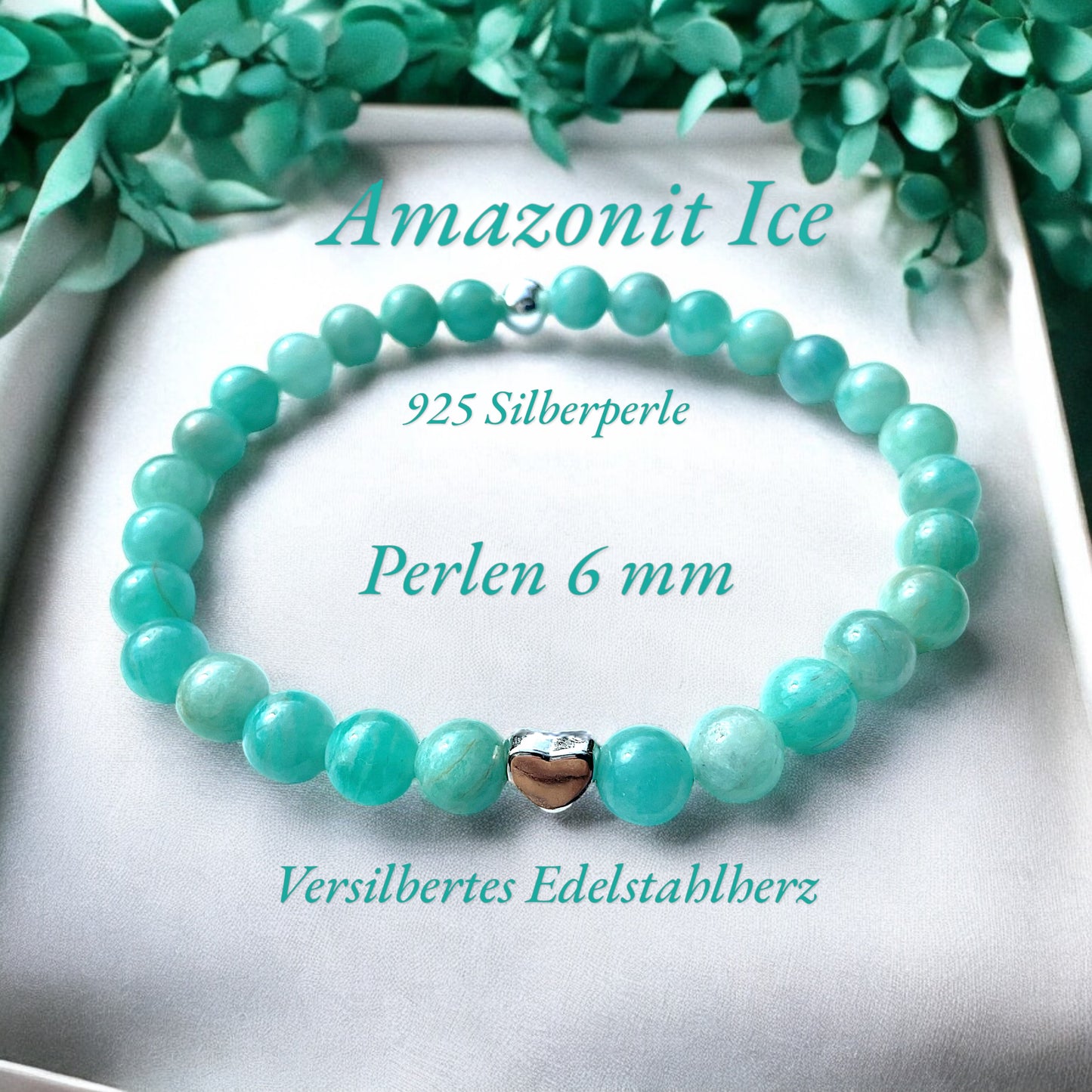 Steinfixx® Edelstein Perlenarmband Amazonit Ice mit 925 Silberperle und Herz oder Stern| Energieschmuck | in edler Geschenkbox | Handmade