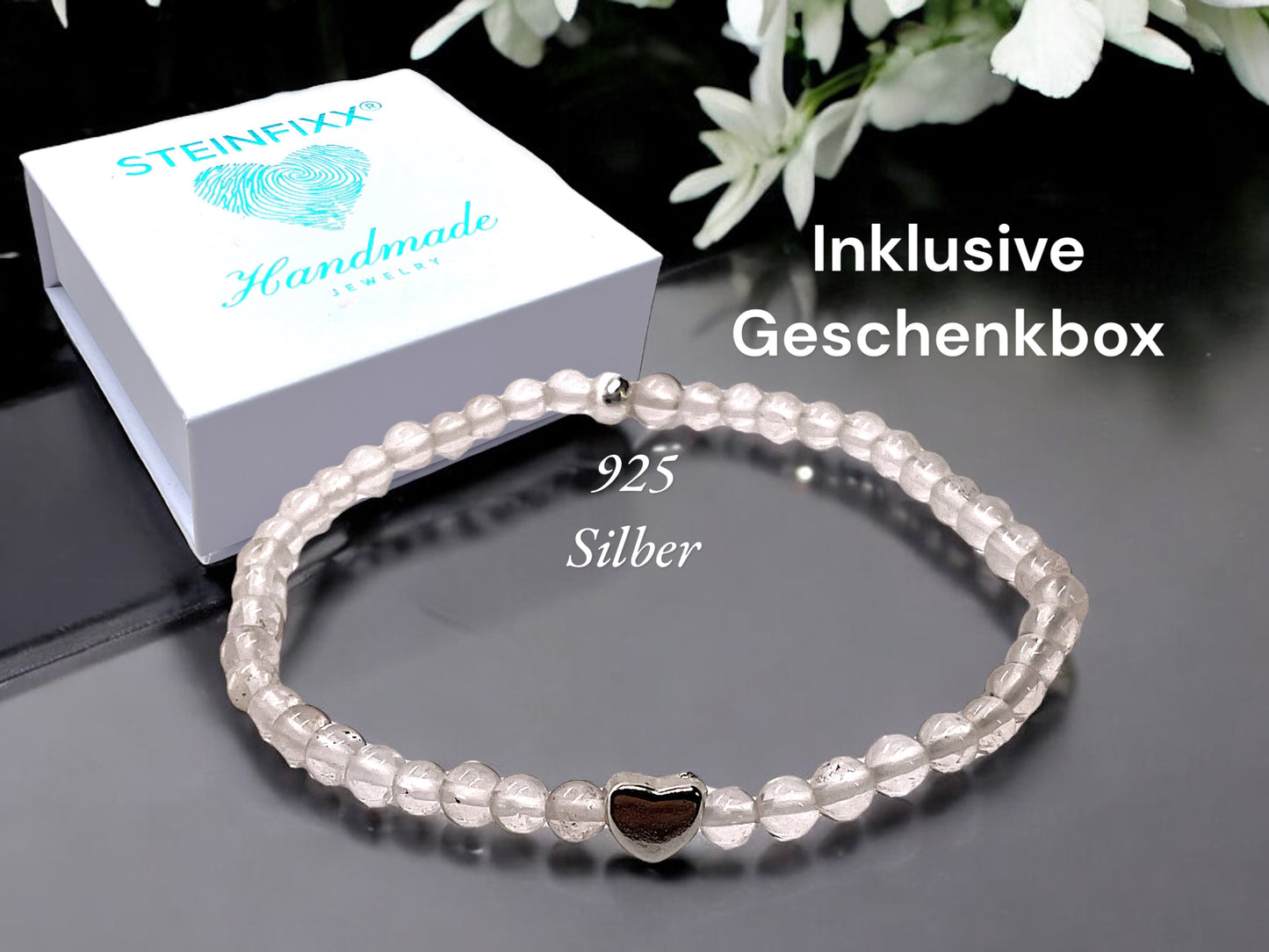 Bergkristall Edelstein Perlen Armband *HEILUNG* - mit 925 Silberperle und versilbertem Herzchen in Steinfixx Geschenkbox - Handmade