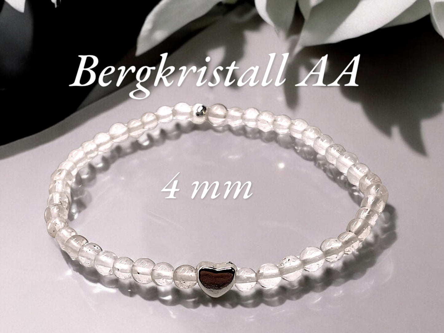 Bergkristall Edelstein Perlen Armband *HEILUNG* - mit 925 Silberperle und versilbertem Herzchen in Steinfixx Geschenkbox - Handmade