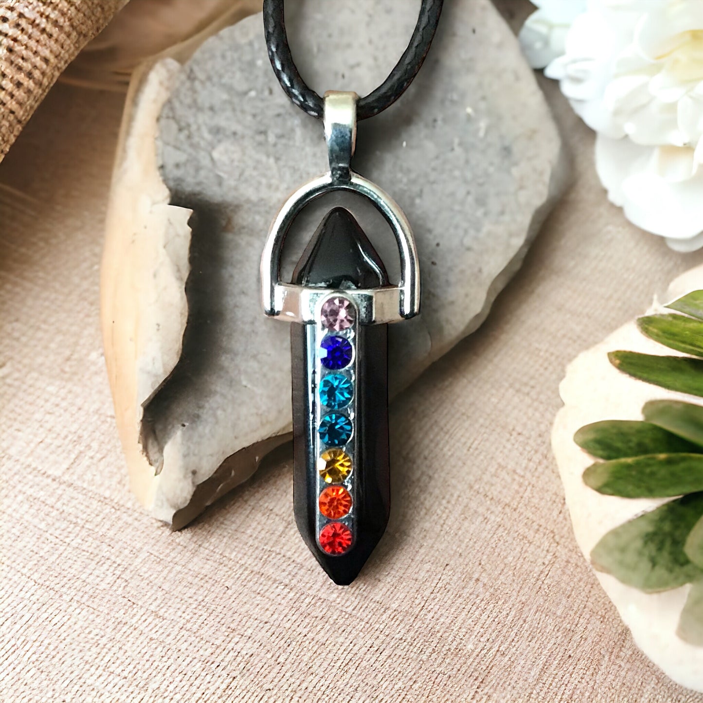 Anhänger Hexagon schwarz mit 45 cm Kordelkette - CHAKRA - 50x8x8 mm - 5 Gramm