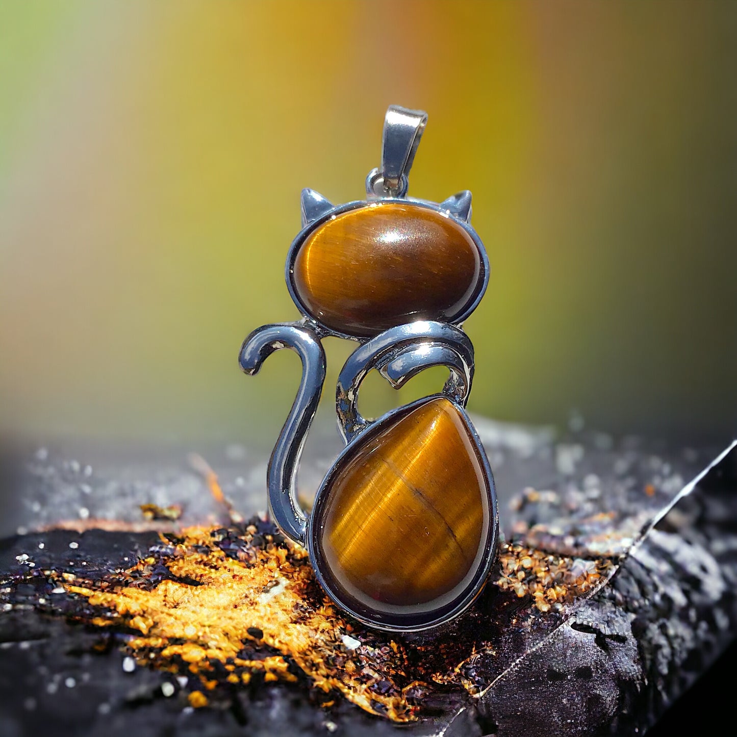 Für Katzenliebhaber <3 Steinfixx® - Edelstein Kette mit Katzen Anhänger | doppelte Edelsteine | Edelstahl versilbert | für Katzenliebhaber |farbintensiv | Sale