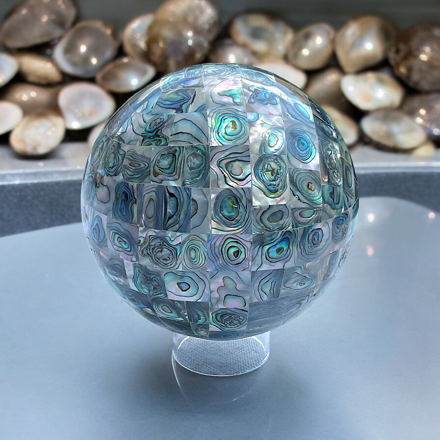 Mächtige traumhafte Abalone-Muschel Kugel 13 cm I Handarbeit I Einzelstück I Museumsstück I UNIKAT