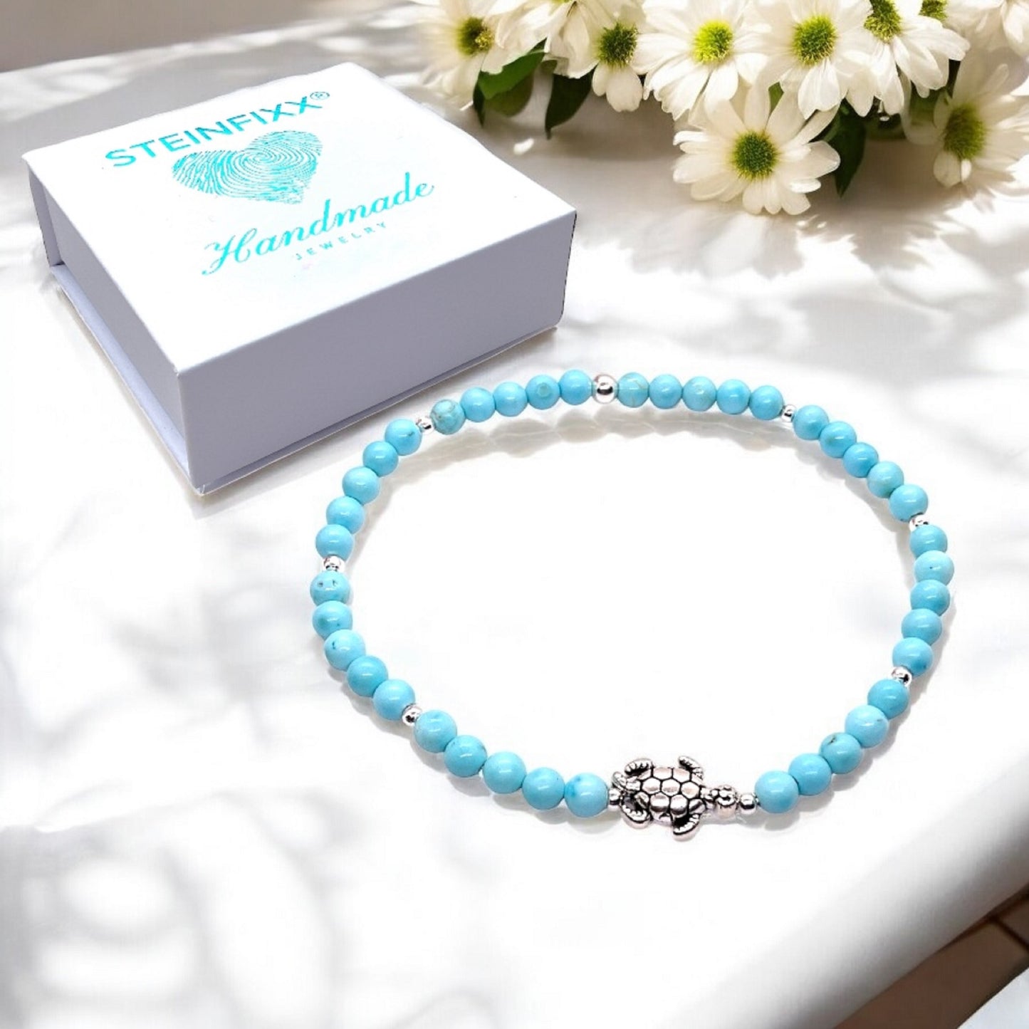 Echtes Perlenarmband 4mm mit Schildkröte - Türkis, rotes Tigerauge, blauer Achat, Shoushan Stone oder Selenit - handgefertigt in Deutschland - inkl. Geschenkbox