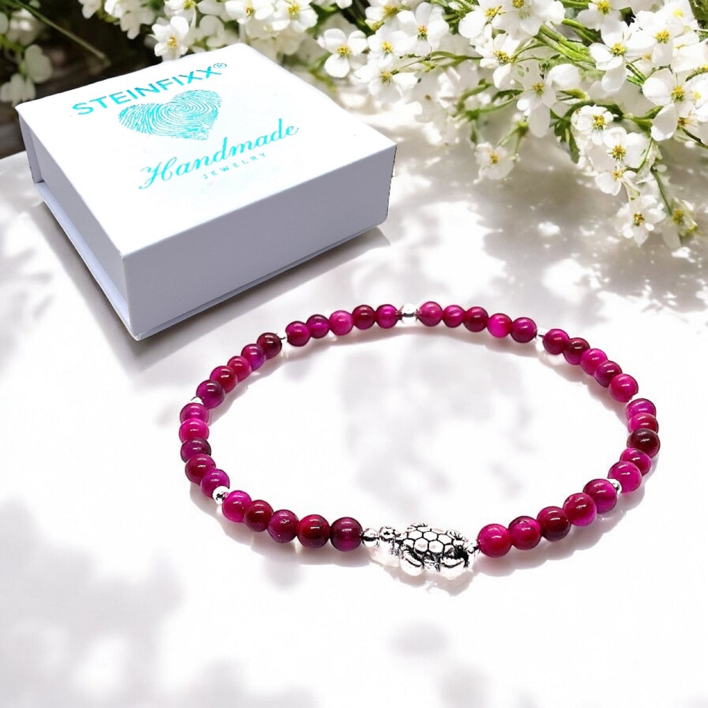 Echtes Perlenarmband 4mm mit Schildkröte - Türkis, rotes Tigerauge, blauer Achat, Shoushan Stone oder Selenit - handgefertigt in Deutschland - inkl. Geschenkbox