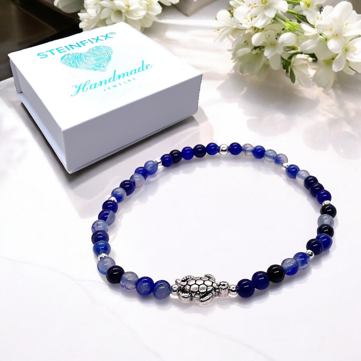 Echtes Perlenarmband 4mm mit Schildkröte - Türkis, rotes Tigerauge, blauer Achat, Shoushan Stone oder Selenit - handgefertigt in Deutschland - inkl. Geschenkbox