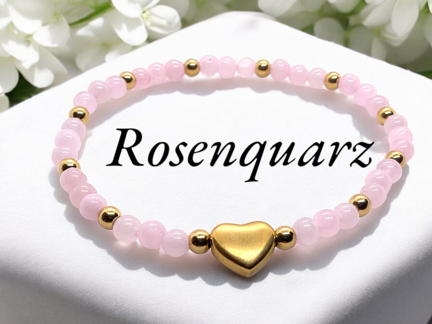 Steinfixx® - Rosenquarz Perlenarmband mit Messingherz und Messingperlen - Hochwertiges Edelsteinarmband handgefertigt inclusive edler Geschenkbox und Edelsteinkarte