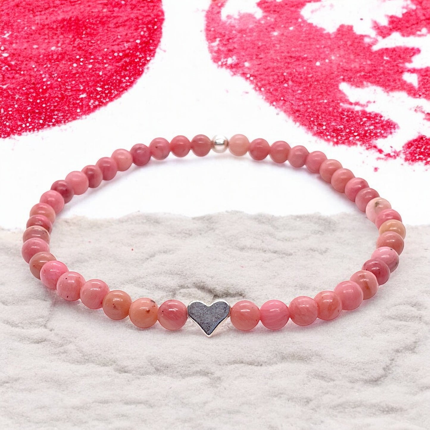 Rhodonit Edelstein Perlen Armband L *Seelentröster* - mit 925 Silberperle und Herz in Steinfixx Geschenkbox - Handmade